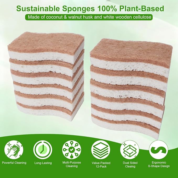 Sponges Kitchen – 12-Pack, Natural sponges for Dishes S-Shaped Dual-Layer for Pots, Pans, Tableware, Durable & Comfortable Grip for Everyday Cleaning