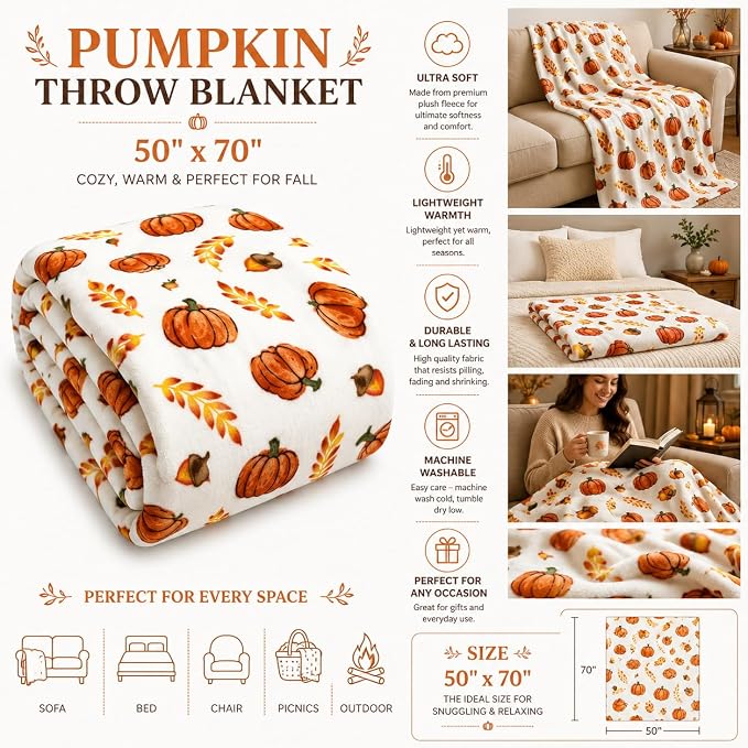 Home Decor Farmhouse Fall Fleece Throw Blanket: Harvest Pumpkins Leaves and Wheat on Velvet Fleece, Oversized Measures 70" inches x 50" inches