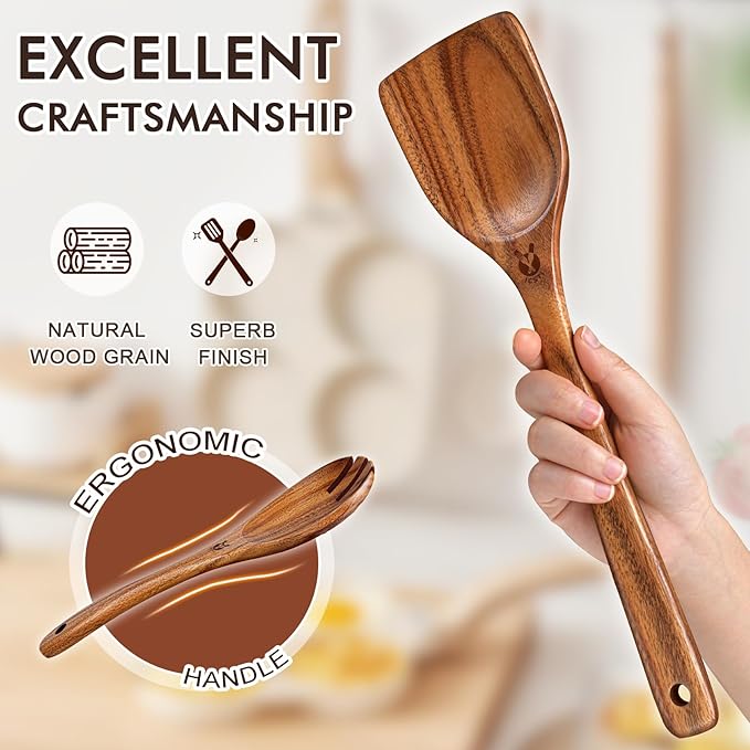 Wooden Spoons for Cooking, 10 Pcs Natural Teak Wood Kitchen Utensils Set, Comfortable Grip Wooden Utensil Set for Nonstick Pans & Cookware, Heat Resistant Wooden Spoons Wooden Spatulas Set