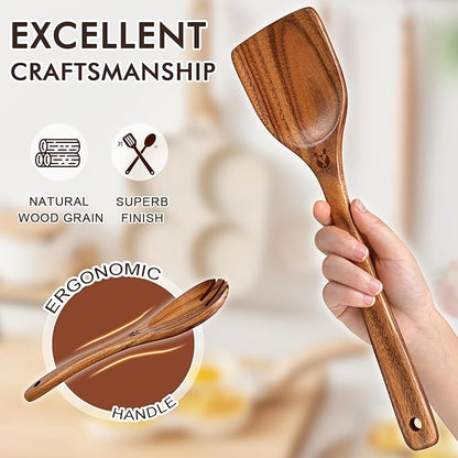 Wooden Spoons for Cooking, 10 Pcs Natural Teak Wood Kitchen Utensils Set, Comfortable Grip Wooden Utensil Set for Nonstick Pans & Cookware, Heat Resistant Wooden Spoons Wooden Spatulas Set