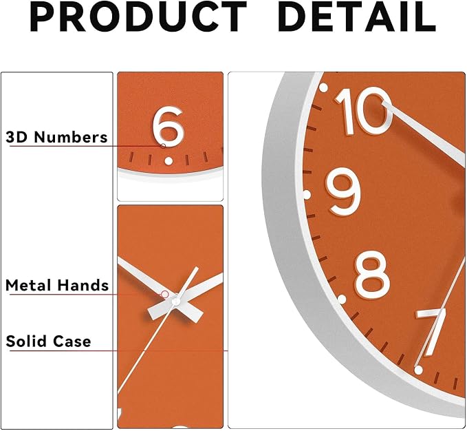 Roymnie Wall Clock 10 Inch Silent Wall Clocks Battery Operated-Modern Non Ticking Analog Clock Decorative for Kitchen Bedroom Office Bathroom(Orange)