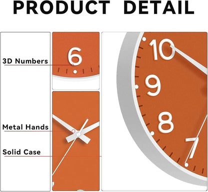 Roymnie Wall Clock 10 Inch Silent Wall Clocks Battery Operated-Modern Non Ticking Analog Clock Decorative for Kitchen Bedroom Office Bathroom(Orange)