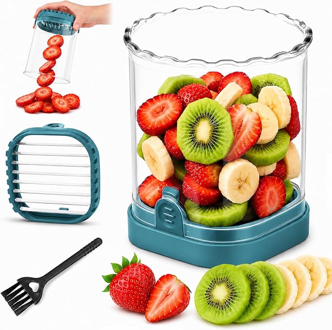 CUNSENR Strawberry Slicer, Fruit Slicer Cup with Stainless Steel Blades, Detachable Strawberry Cutter & Fruit Cutter for Strawberries, Banana, Egg, Cucumber, Mushroom, Quick Meal Prep - Blue