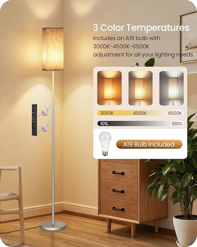 64.2” Dimmable Floor Lamp for Living Room with Remote and Foot Switch, Corner Floor Lamp for Bedroom, Includes 10W A19 Bulb, Modern Standing Tall Lamp, ETL Listed Silver and Beige SE17LD05
