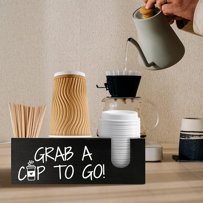 Coffee Station Organizer for Cup and lid Storage Box, Farmhouse Wood Coffee Bar Accessories Disposable Cup Holder for Counter Decor - Black