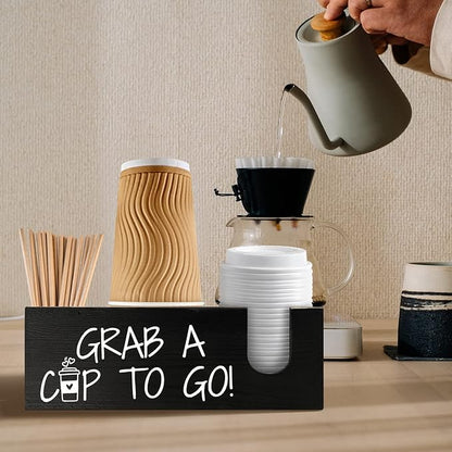 Coffee Station Organizer for Cup and lid Storage Box, Farmhouse Wood Coffee Bar Accessories Disposable Cup Holder for Counter Decor - Black