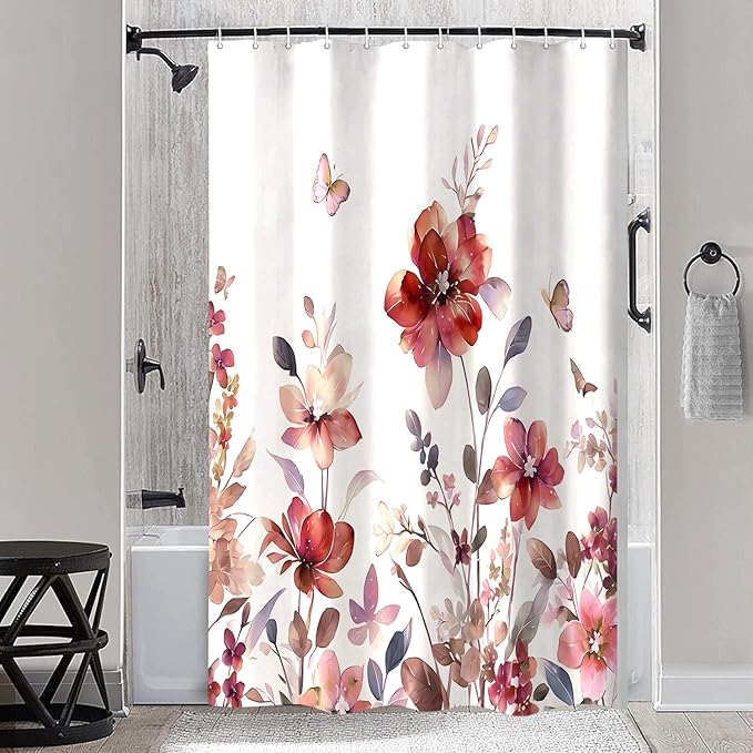 Red Floral Shower Curtain, Red Lavender Floral Butterfly Boho Shower Curtains for Bathroom, Farmhous Flower Cute Fabric Shower Curtain Set with 12PCS Hooks, 36X70IN