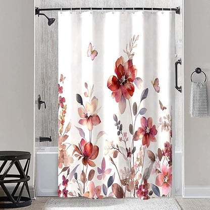 Red Floral Shower Curtain, Red Lavender Floral Butterfly Boho Shower Curtains for Bathroom, Farmhous Flower Cute Fabric Shower Curtain Set with 12PCS Hooks, 36X70IN