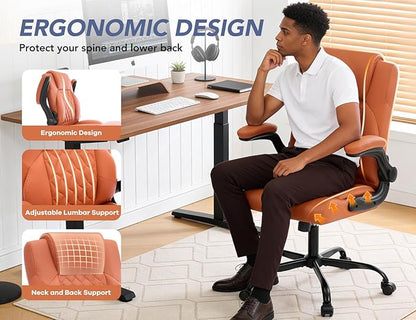 Office Chair with Adjustable Inflatable Lumbar Support,Leather Ergonomic Computer Desk Chair with Flip-up Arms,Adjustable Tilt Lock,Swivel Rolling Executive PC Chair for Work,Study,Meeting.Brown