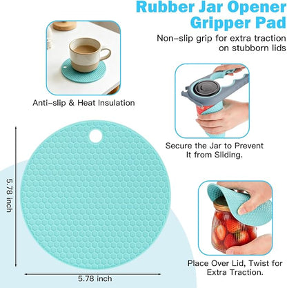 Jar Opener Set - 6-in-1 Adjustable Jar Opener Can Opener, 4-in-1 Bottle Opener Lid Opener & Rubber Jar Gripper, Multifunctional Kitchen Gadget for Seniors, Arthritis, Weak Hands (Blue&Grey)