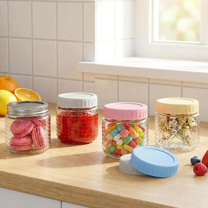 CycleMore 8oz - 8 Pack Mason Jars, Hobnail Design Canning Jars with Silver Metal & Colorful Plastic Lids, Glass Storage Jars for for Storing, Jam, Pickling, Crafts, Home Decor & DIY Gifts