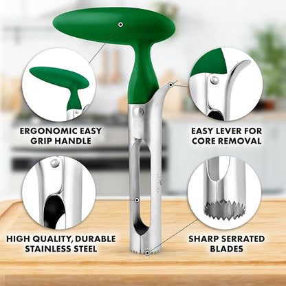 Zulay Kitchen Ultra Sharp Apple Corer Tool - Stainless Steel, Sharp & Serrated Blade Cores in Seconds - Easy to Use & Clean, Durable Apple Core Remover for Apples & Small Fruits - Green