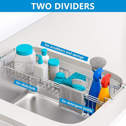 FavoThings Over The Kitchen Sink Caddy Sponge Holder Organizer Drying Rack Expandable for Sponge Brush Soap Dish Cloth Rag Smaller 14.5" to 22", Stainless Steel
