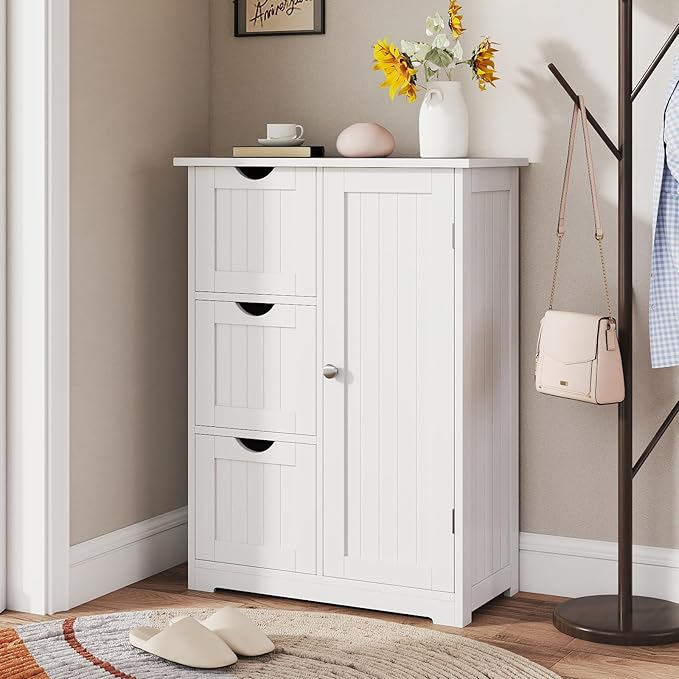 Tangkula Bathroom Floor Cabinet, Freestanding Storage Cabinet with 3 Drawers & Single Door, Adjustable Shelf, Multipurpose Bathroom Storage for Home Office, 23.5 x 12 x 32 Inches (3 Drawers, White)