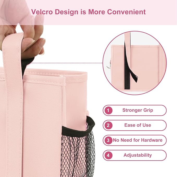 Surblue Bedside Caddy Hanging Bed Organizer Storage Bag Pocket for Bunk and Hospital Beds, College Dorm Rooms Baby Bed Rails, Camp 4 Pockets and 2 Hooks (Small,Light Pink)