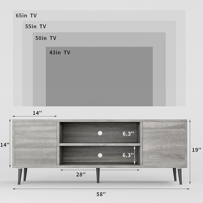 JUMMICO TV Stand for 65 Inch TV, Mid Century Modern TV Stand, Entertainment Center with Storage Cabinet and Open Shelves, TV Console Table Media Cabinet for Living Room, and Bedroom (Gray)
