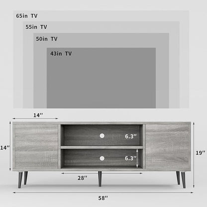 JUMMICO TV Stand for 65 Inch TV, Mid Century Modern TV Stand, Entertainment Center with Storage Cabinet and Open Shelves, TV Console Table Media Cabinet for Living Room, and Bedroom (Gray)