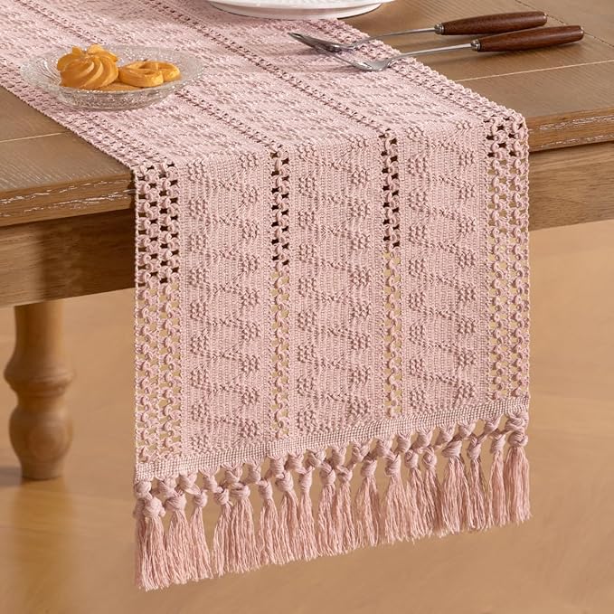 Socomi Boho Table Runner Valentine's Day Farmhouse Rustic Dining Kitchen Centerpiece Decor Long Macrame Woven Cotton Linen Coffee Table Runner for Dresser Scarf Home Decor Pink 12" x 108"