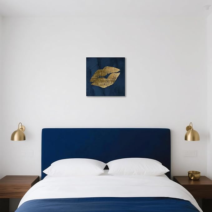 Navy Blue and Gold Wall Decor Fashion Lip Canvas Wall Art Glam Lip Poster Sexy Painting Designer Picture for Bedroom Bathroom Makeup Room Decoration 12x12Inch