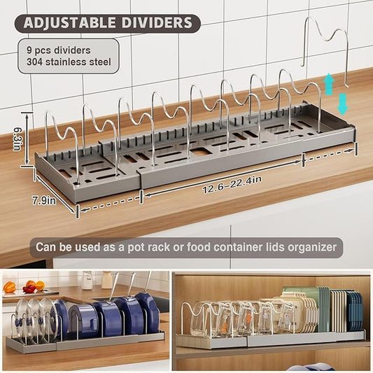 Magheo Expandable Food Storage Container Lid Organizers, 22" Pots and Pans Organizer Under Cabinet with 9 Adjustable Dividers Pot and Pan Lid Holders Rack Inside Cabinet(Gray,1 Pack)