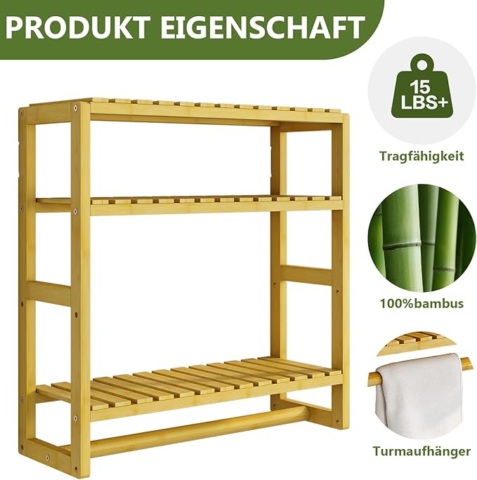 Galood Over The Toilet Storage Bathroom Shelves Wall Mounted 3 Tier Space Saver Corner Shelf Organizer Bamboo Towel Rack Toilet Paper Cabinet with Hanging Rod Yellow