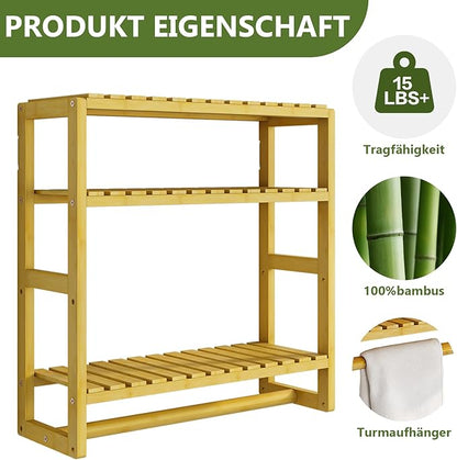 Galood Over The Toilet Storage Bathroom Shelves Wall Mounted 3 Tier Space Saver Corner Shelf Organizer Bamboo Towel Rack Toilet Paper Cabinet with Hanging Rod Yellow