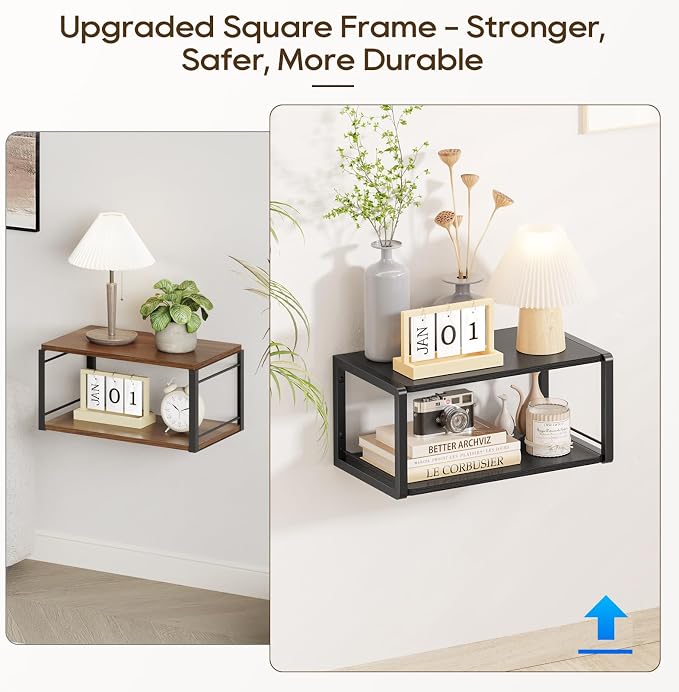 Floating Nightstand Set of 2, Wood Bedside Shelf Wall Mounted Nightstand with Heavy-Duty Frame, Floating Bedside Table for Bedroom, Living Room, Bathroom, Kitchen, (Vintage Black, 2 Pack)