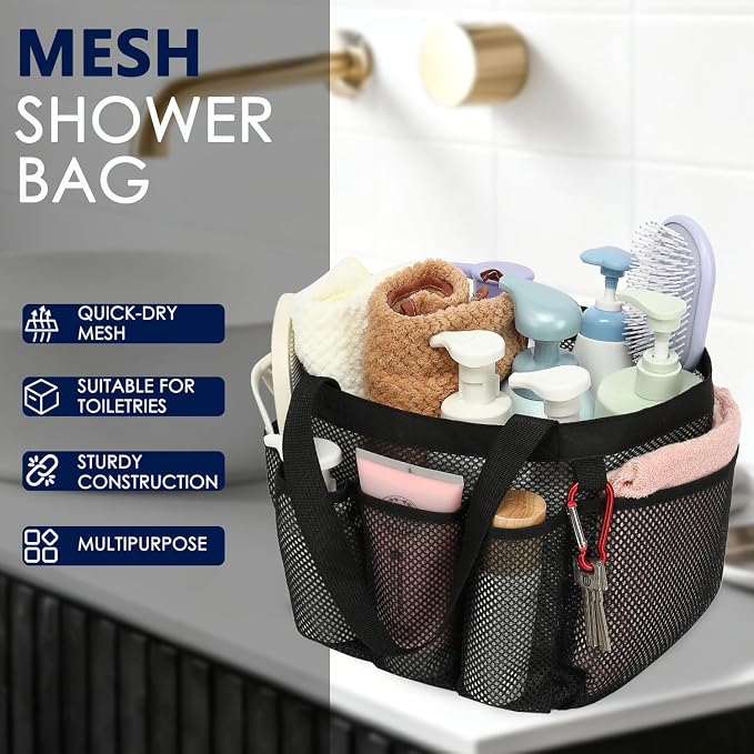 GYEUKHAM Mesh Shower Caddy Portable for College Dorm, Quick Dry Hanging Shower Bag with 8 Pockets, Bathroom Tote Organizer for Gym, Travel, Camping, Black