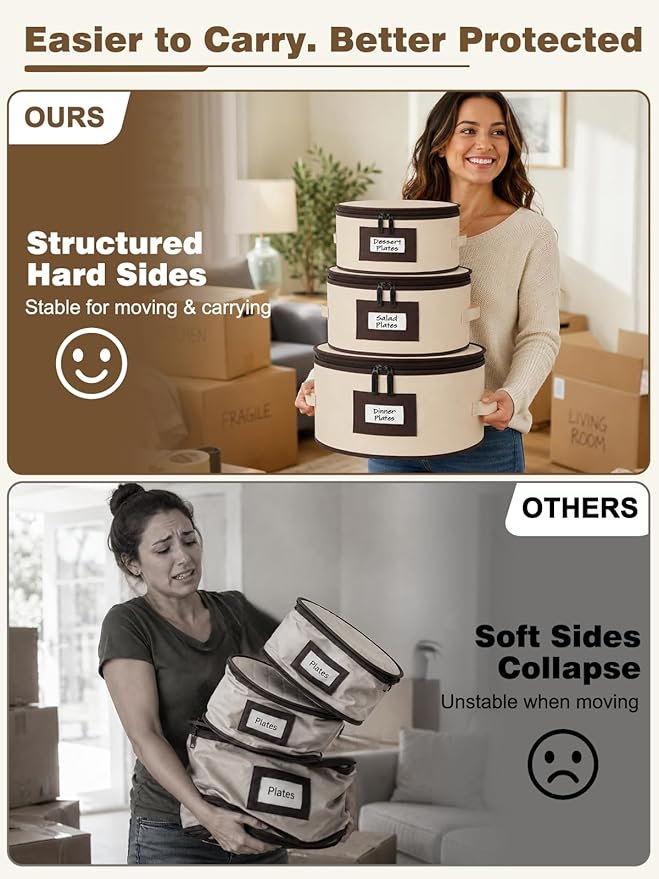 punemi China Storage Containers, 4 Pack Hard Shell Plate Dish Storage Cases with Padded Dividers & Quilted Lining, Stackable Dinnerware Storage Protectors for Moving Boxes & Holiday Storage, Beige