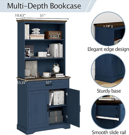 blini Tall Bookshelf with Drawers, 5-Shelf Blue Bookcase, 15" Multi Depth Storage Cabinet with Adjustable Shelves, Large Bookcases for Home Office, Living Room & Bedroom