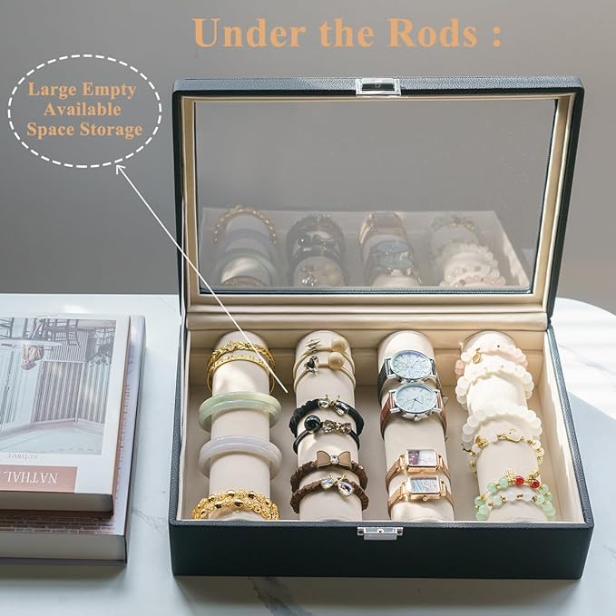 Bracelets Organizer Rods Bangles Display Holder, Clear See through Lid Leather Velvet Jewelry Storage Box Case for Women, 4 Rods Black Leather