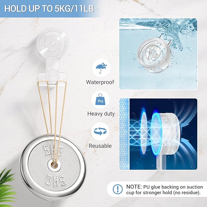 LUXEAR Suction Cup Hook, 2Pack Shower Suction Hanger, 1 Single & 1 Razor Waterproof Shower Hook for Bathroom