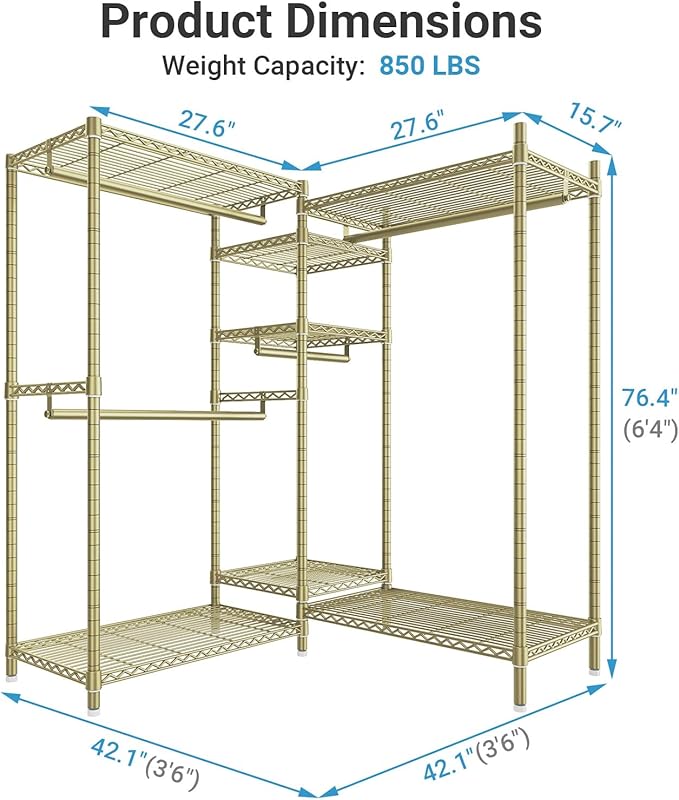 VIPEK L6 L Shaped Clothes Rack Heavy Duty Clothing Rack for Corner, 5-Tier Wire Garment Racks Metal Freestanding Closet with Adjustable Shelves, 42.1" L x 42.1" W x 76.4" H, Max Load 840LBS, Gold