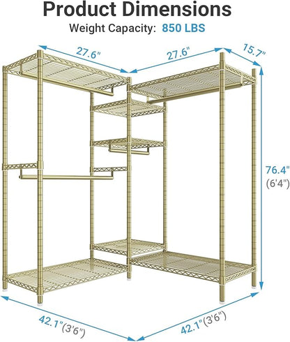 VIPEK L6 L Shaped Clothes Rack Heavy Duty Clothing Rack for Corner, 5-Tier Wire Garment Racks Metal Freestanding Closet with Adjustable Shelves, 42.1" L x 42.1" W x 76.4" H, Max Load 840LBS, Gold