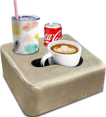 Couch Cup Holder Pillow Tray! Keep Drinks Hand Reach and KeepTemp, Prevent Spills and Use Anywhere. Cup Holder for Couch, Bed, Car, Courtyard, Park, Beach. Pink. Light Khaki