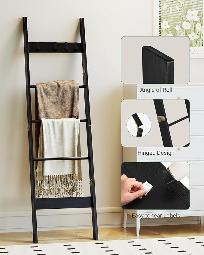 Hzuaneri Blanket Ladder for Living Room, Decorative Quilt Rack with 4 Removable Hooks, 5-Tier Farmhouse Ladder Holder Shelf Organizer for Bedroom, Black BR02104B