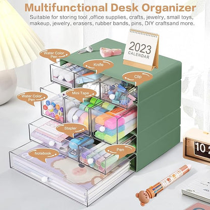 Desk Storage Organizer with 9 Drawers, 4 Tiers Stackable Desktop Craft Storage Drawers, Clear Storage Box Caddy for Stationary Makeup Jewelry Office Craft Supplies (Green)