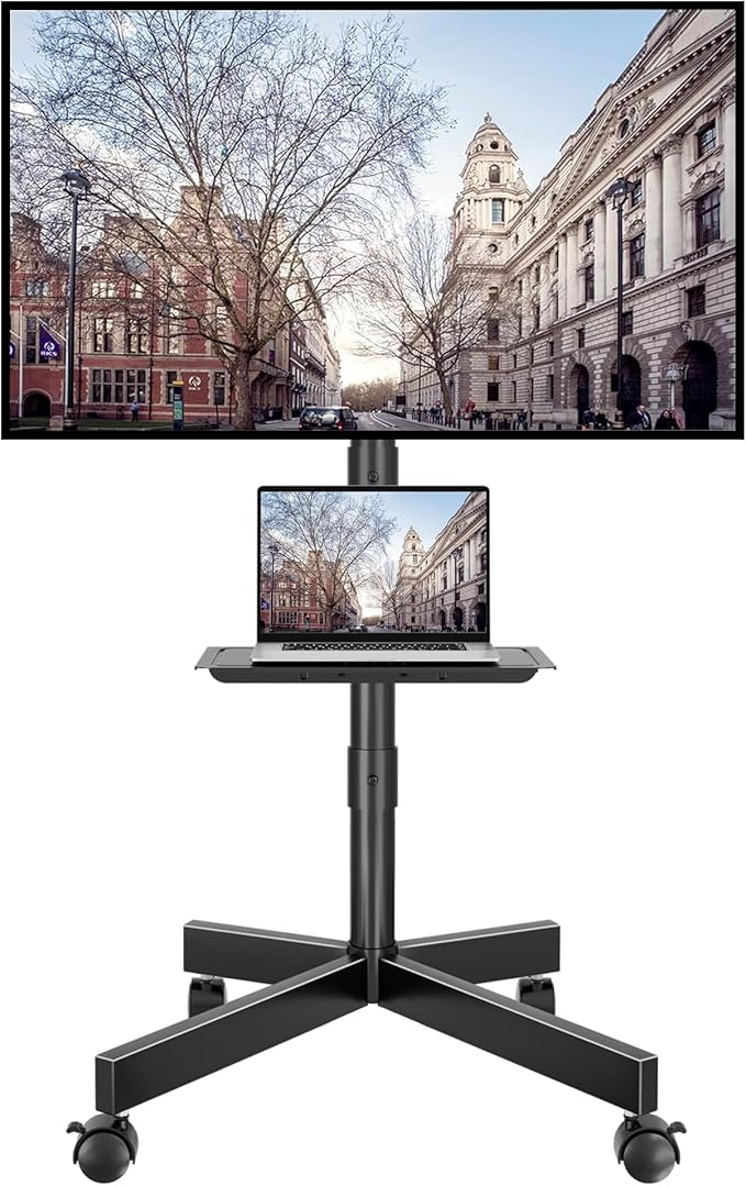 BONTEC Rolling TV Stand with Tilt, Mobile TV Stand Wheels for 23–65 Inch LED LCD TVs, Portable TV Cart with Adjustable Shelf for Living Room, Bedroom, Outdoor TV Stand Holds 88 lbs, Max VESA 400x400mm