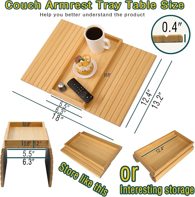 Bamboo Couch Arm Tray Table，Foldable Sofa Armrest Tray Table for Couch，Flexible and Anti-Slip Couch Arm Cup Holder，Portable Sofa Arm Chair Table for Drink,Cups, Eats，Snacks, Phone, Remote