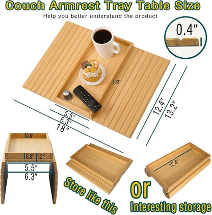 Bamboo Couch Arm Tray Table，Foldable Sofa Armrest Tray Table for Couch，Flexible and Anti-Slip Couch Arm Cup Holder，Portable Sofa Arm Chair Table for Drink,Cups, Eats，Snacks, Phone, Remote