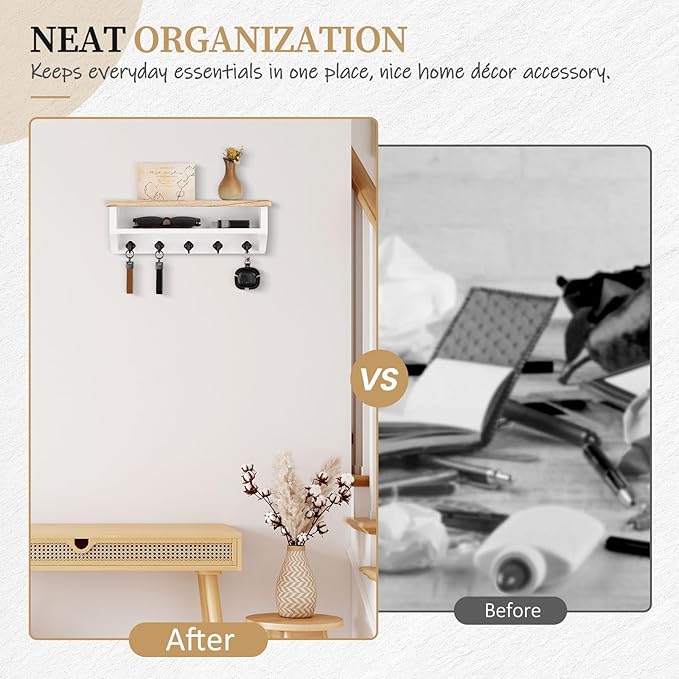Nekon Key Holder Wall Mount, Wall Organizer Shelf with 5 Key Hooks, Room Decor for Home and Apartment Essentials, Light Brown and White