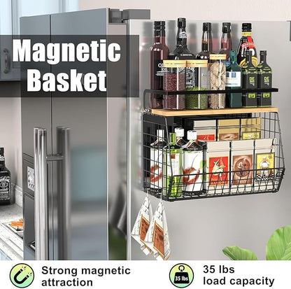 2 Pack Magnetic Spice Storage Rack Organizer for Refrigerator, Magnetic Shelf for Fridge with Wood Lid, Organizer for Kitchen & Laundry, Potato and Onion Storage Bins, Large Container, Strong Magnets