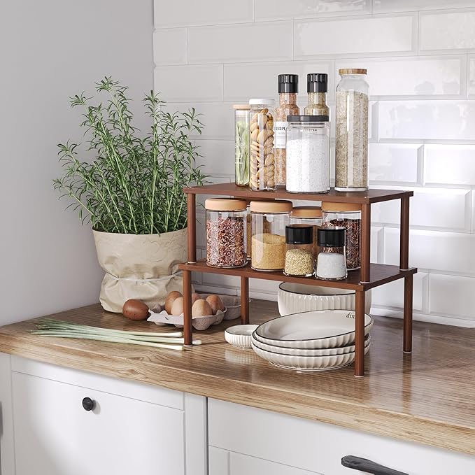 VERTORGAN Cabinet Organizer Shelf(Set of 2),Kitchen Counter Shelves,Bamboo Spice Rack Countertop and Cabinet,Stackable Expandable,Large(Brown)