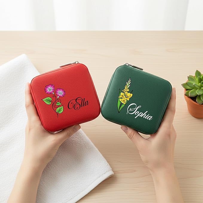 Custom Leather Jewelry Organizer Box with Name & Birth Flower – Personalized Travel Jewelry Case, Small Travel Jewelry Case, Birthday Gift for Women, Bridesmaid Proposal (Flower 2)