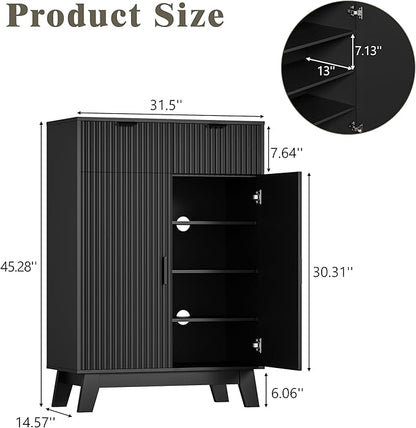 Shoe Cabinet Storage for Entryway, 4 Tier Fluted Shoe Storage Cabinet with 2 Drawers, Narrow Hidden Shoe Organizer with Adjustable Shelves, Freestanding Shoe Rack for Entryway, Hallway, Black
