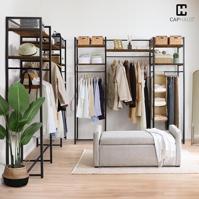 CAPHAUS 913lbs Capacity Garment Rack for Hanging Clothes, Heavy Duty Open Wardrobe w/Hanging Rods, Free Standing Closet Organizer, Clothing Rack, Metal Closet w/Wooden Boards, Rustic Oak Board