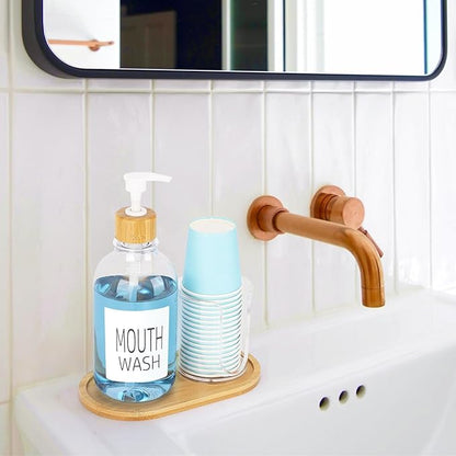 Mouthwash Dispenser with Cup Holder, Plastic Mouth Wash Pump Bottle with Tray for Bathroom Organizers, 17oz Refillable Clear Mouthwash Container - Bamboo