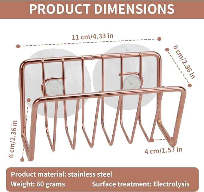 Blueden Soap Sponge Holder for Kitchen Sink Shower, No Drilling. Rustproof Stainless Steel, Wall Mounted Soap Holder Soap Tray Bar Holder with Suction Cups for Bathroom & Kitchen. Rose Gold.