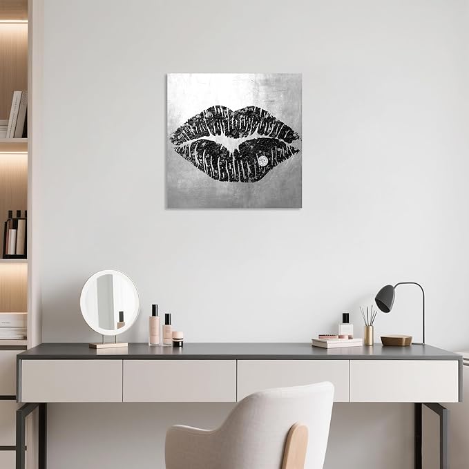 7CANVAS Black and Grey Wall Art Decor Woman Sexy Lips Painting Prints on Canvas Framed Artwork for Home Bedroom Bathroom Salon Decor Framed 12x12Inch