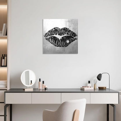 7CANVAS Black and Grey Wall Art Decor Woman Sexy Lips Painting Prints on Canvas Framed Artwork for Home Bedroom Bathroom Salon Decor Framed 12x12Inch